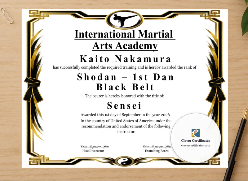 Professional preview of 1st Dan Shodan Certificate Black And Gold Landscape certificate on high-quality stationery paper, ideal for showcasing the final look.