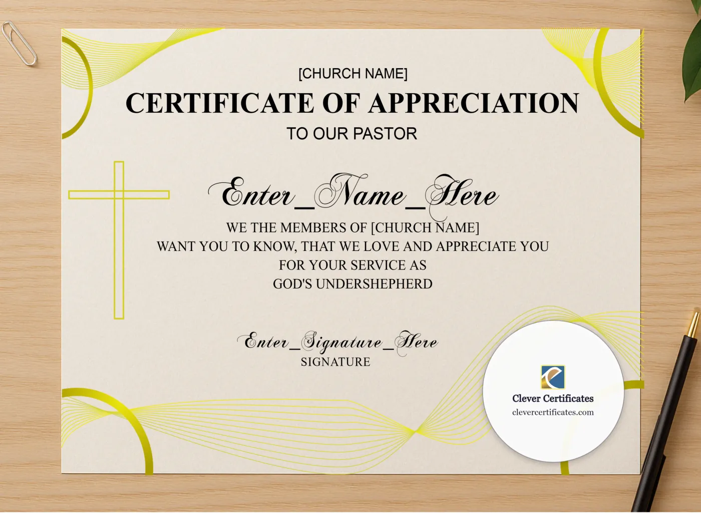 Professional preview of Pastor Appreciation Certificate Classic Gold Landscape certificate on high-quality stationery paper, ideal for showcasing the final look.