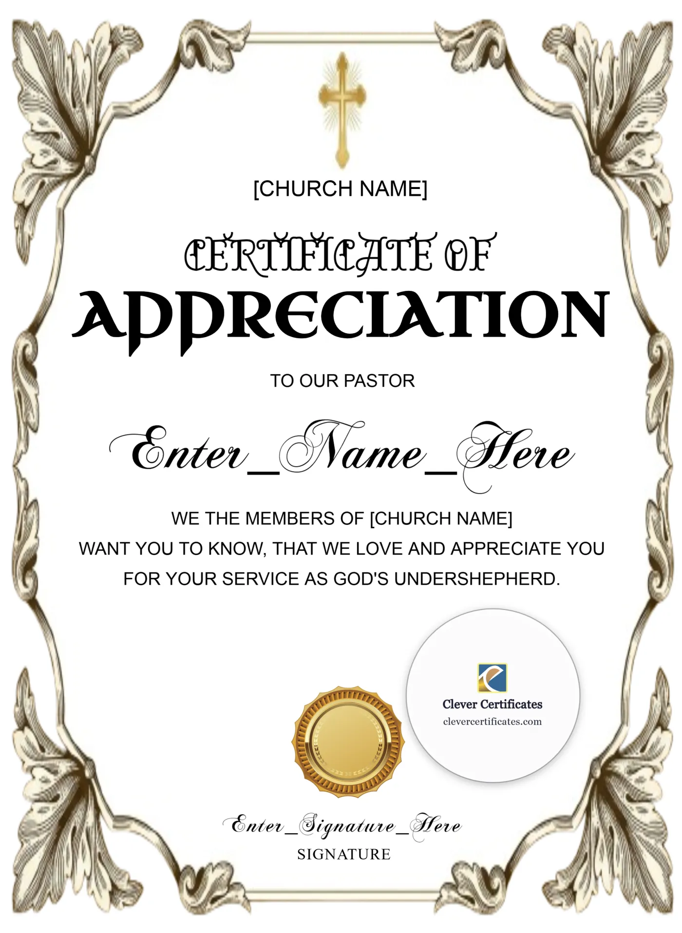 Pastor Appreciation Certificate Classic Gold Portrait — Certificate Template Preview
