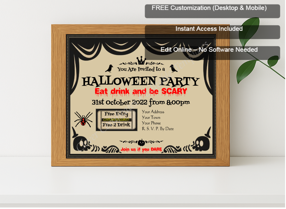 Premium mockup with Free Editor badge stack for Halloween Party Invitation 2