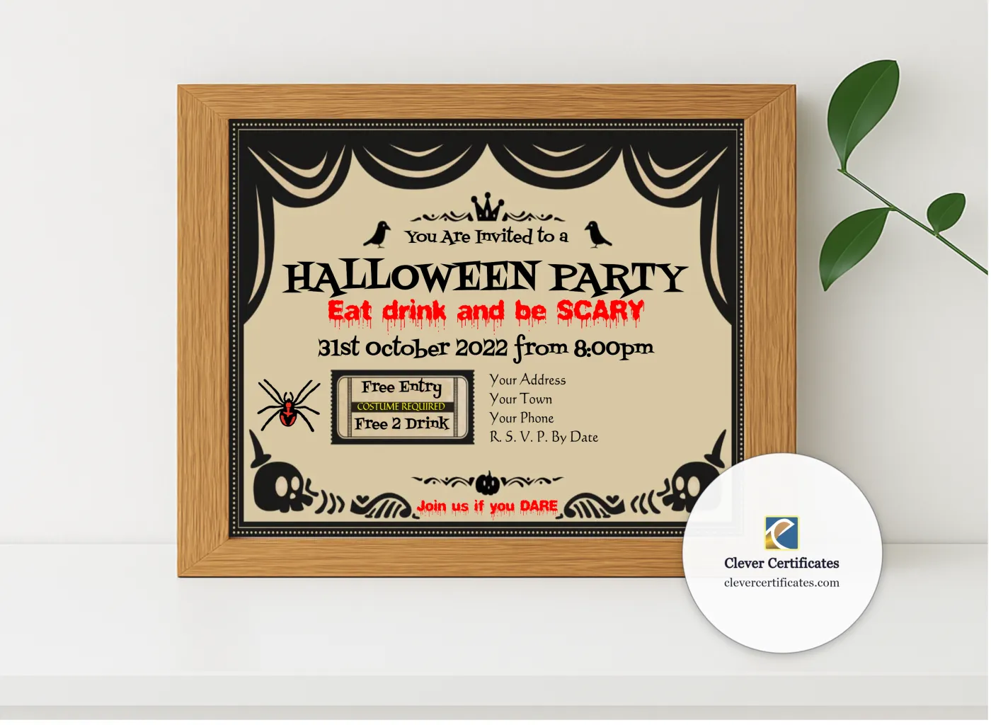 Realistic mockup featuring Halloween Party Invitation 2 displayed within a modern frame, set against a minimalistic background.