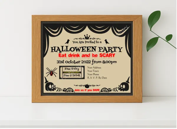 Realistic mockup featuring Halloween Party Invitation 2 displayed within a modern frame, set against a minimalistic background.