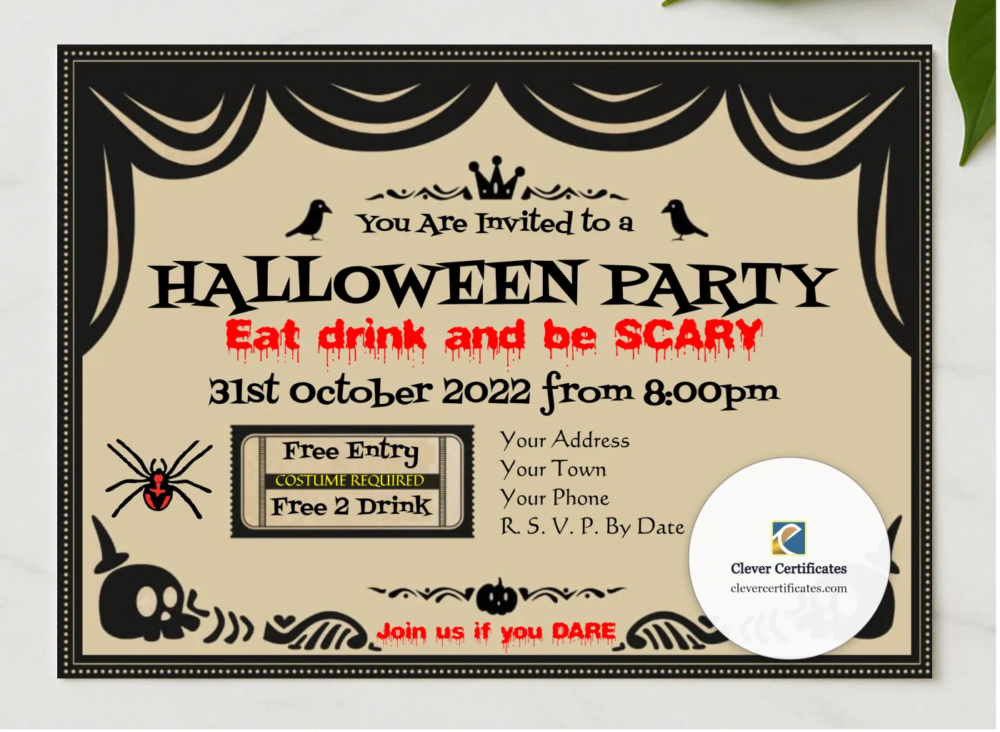 Halloween Party Invitation 2 presented in a sleek wooden frame, elegantly arranged on a stylish table.