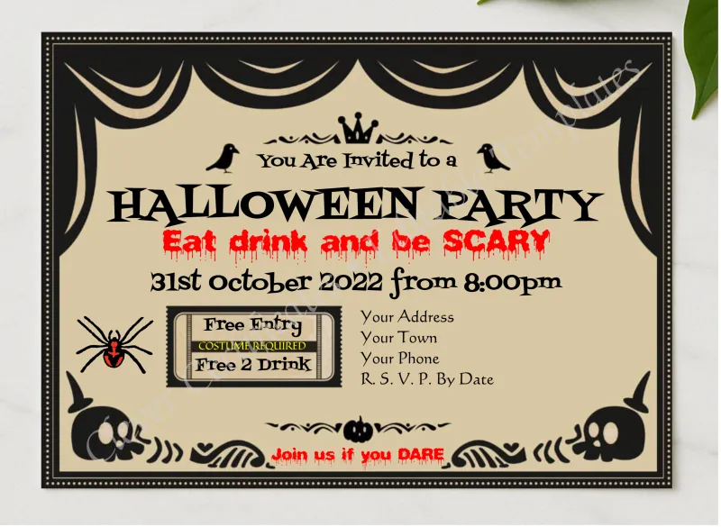 Halloween Party Invitation 2 presented in a sleek wooden frame, elegantly arranged on a stylish table.