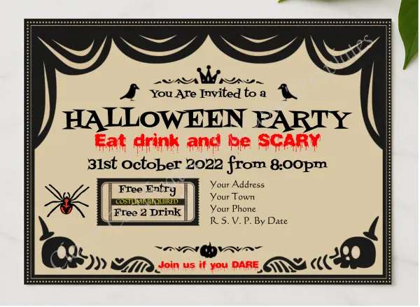 Halloween Party Invitation 2 presented in a sleek wooden frame, elegantly arranged on a stylish table.