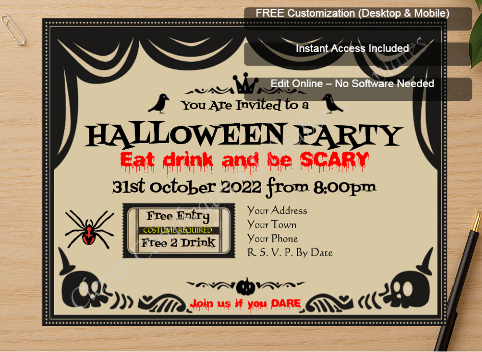 Zoomed preview with Free Editor badge stack for Halloween Party Invitation 2