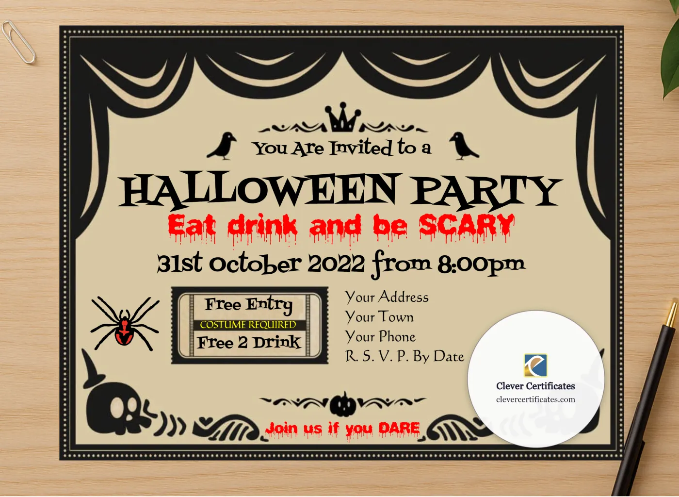 Professional preview of Halloween Party Invitation 2 certificate on high-quality stationery paper, ideal for showcasing the final look.