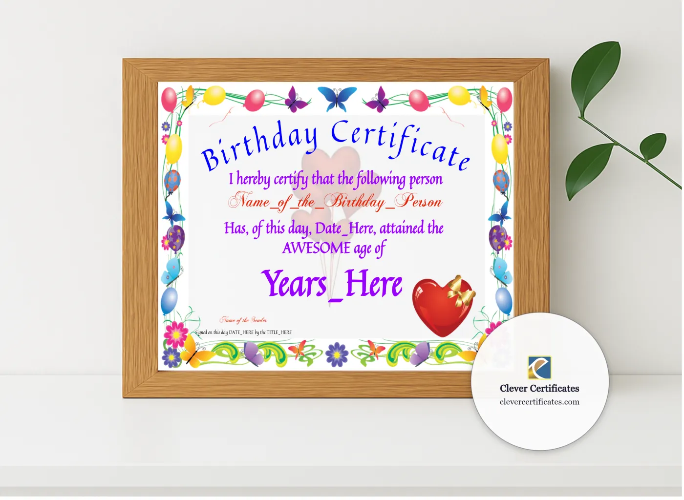 Realistic mockup featuring Birthday Certificate displayed within a modern frame, set against a minimalistic background.
