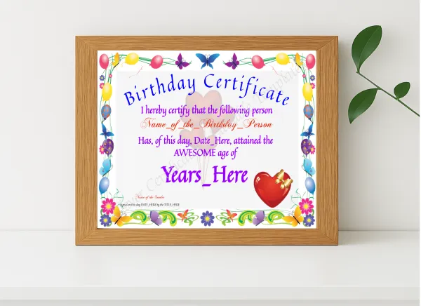 Realistic mockup featuring Birthday Certificate displayed within a modern frame, set against a minimalistic background.