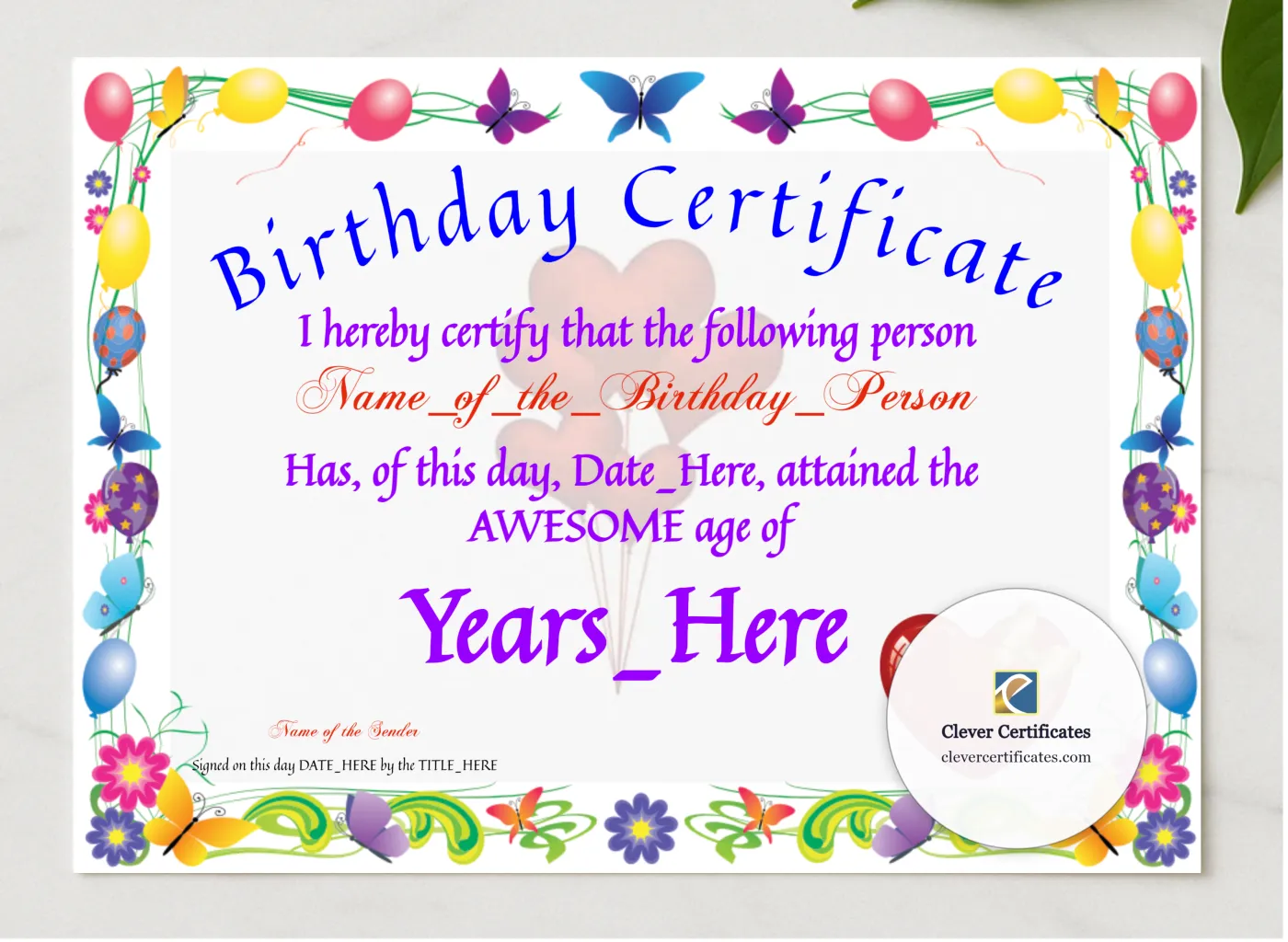 Birthday Certificate presented in a sleek wooden frame, elegantly arranged on a stylish table.