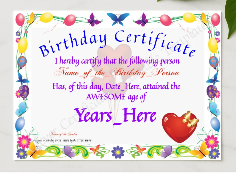 Birthday Certificate presented in a sleek wooden frame, elegantly arranged on a stylish table.