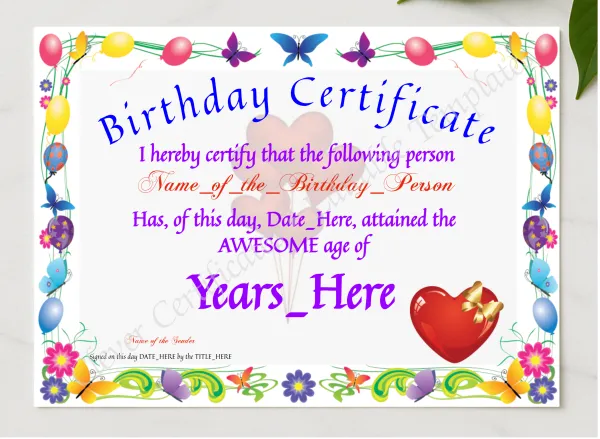 Birthday Certificate presented in a sleek wooden frame, elegantly arranged on a stylish table.