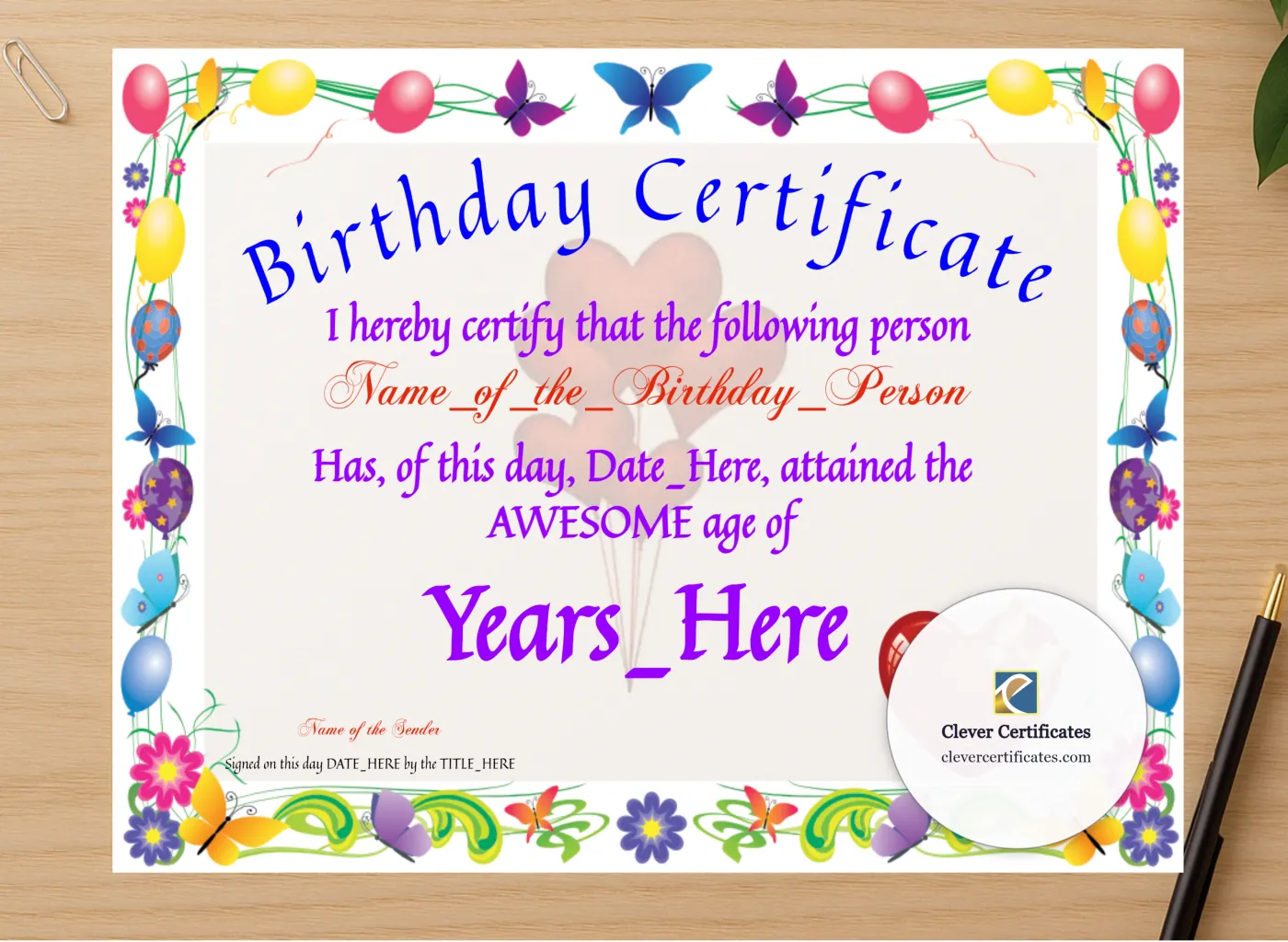 Professional preview of Birthday Certificate certificate on high-quality stationery paper, ideal for showcasing the final look.