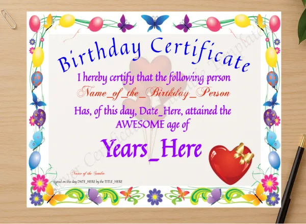 Professional preview of Birthday Certificate certificate on high-quality stationery paper, ideal for showcasing the final look.