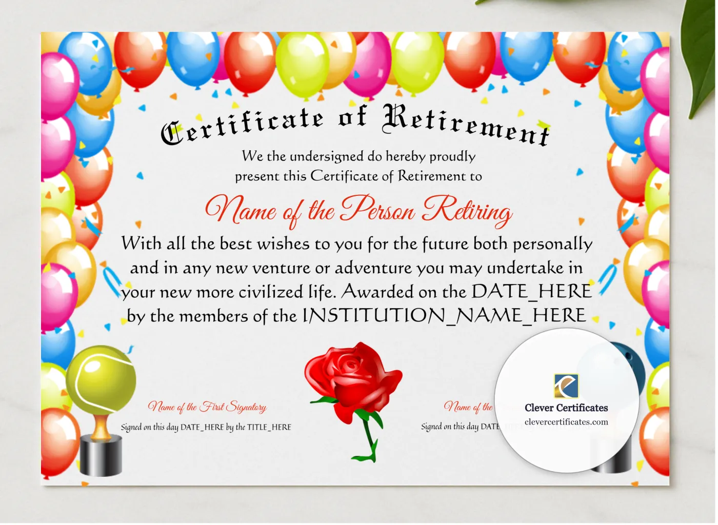 Certificate Of Retirement presented in a sleek wooden frame, elegantly arranged on a stylish table.