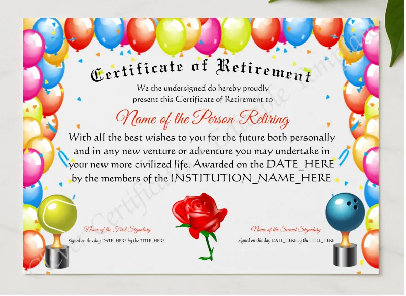 Certificate Of Retirement presented in a sleek wooden frame, elegantly arranged on a stylish table.