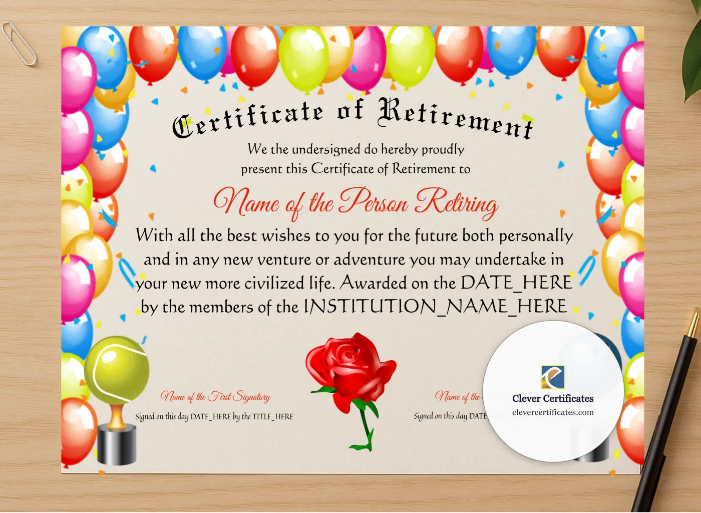 Professional preview of Certificate Of Retirement certificate on high-quality stationery paper, ideal for showcasing the final look.