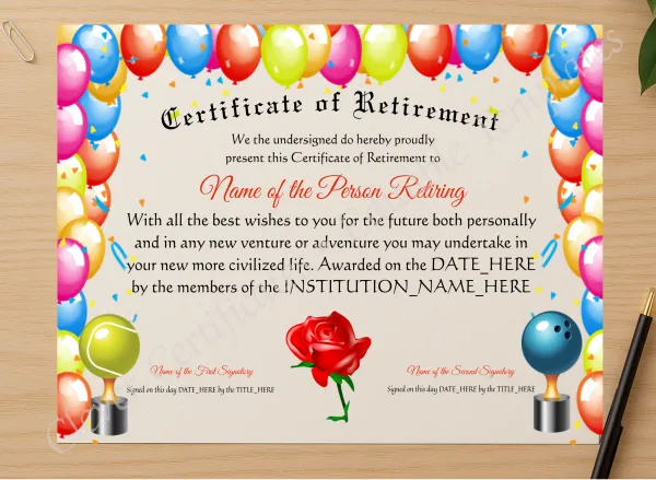Professional preview of Certificate Of Retirement certificate on high-quality stationery paper, ideal for showcasing the final look.
