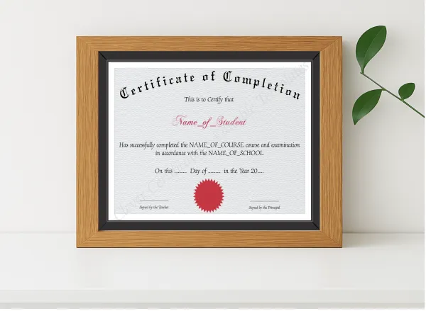 Realistic mockup featuring Certificate Of Completion 3 displayed within a modern frame, set against a minimalistic background.