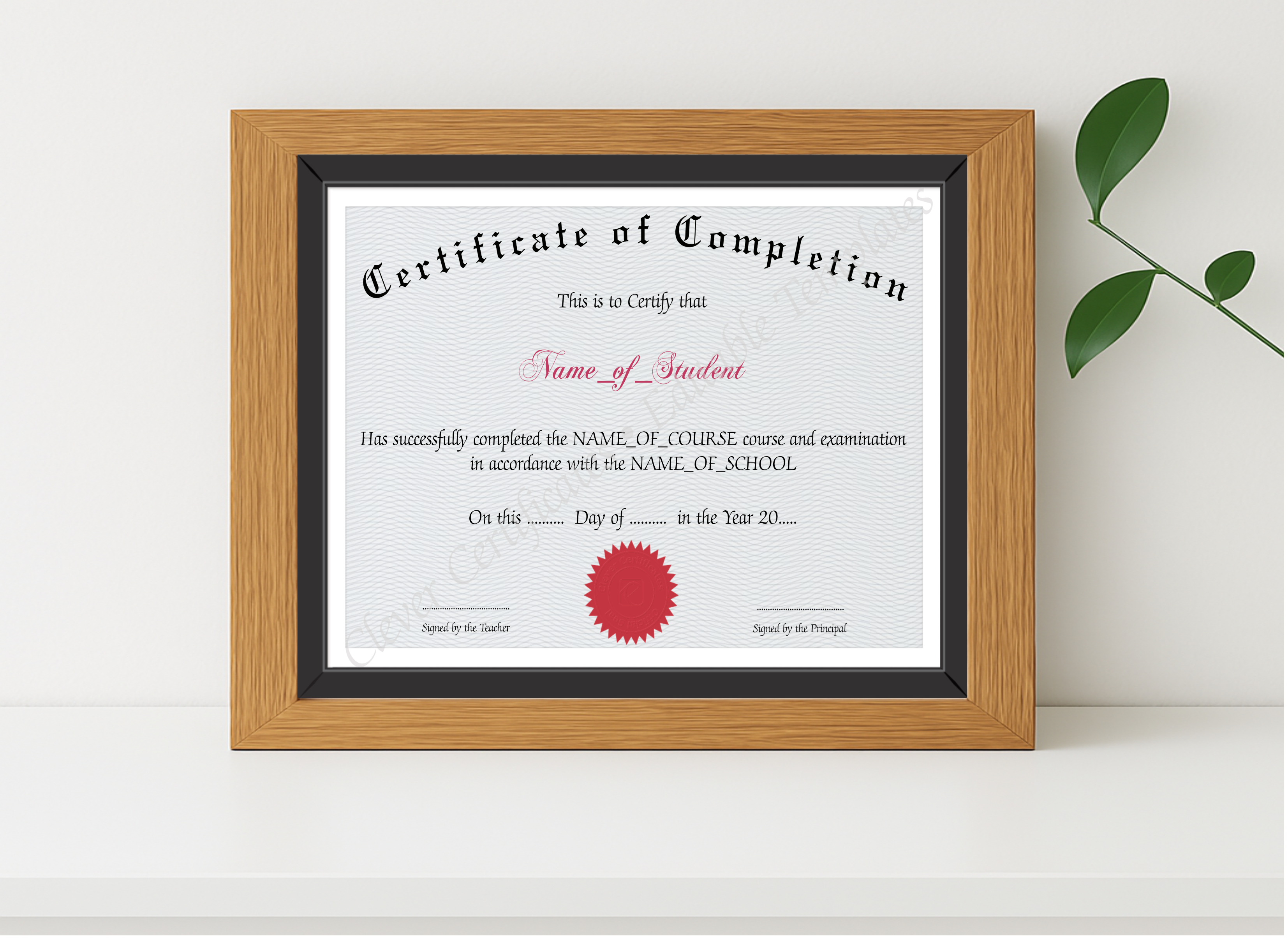 Realistic mockup featuring Certificate Of Completion 3 displayed within a modern frame, set against a minimalistic background.