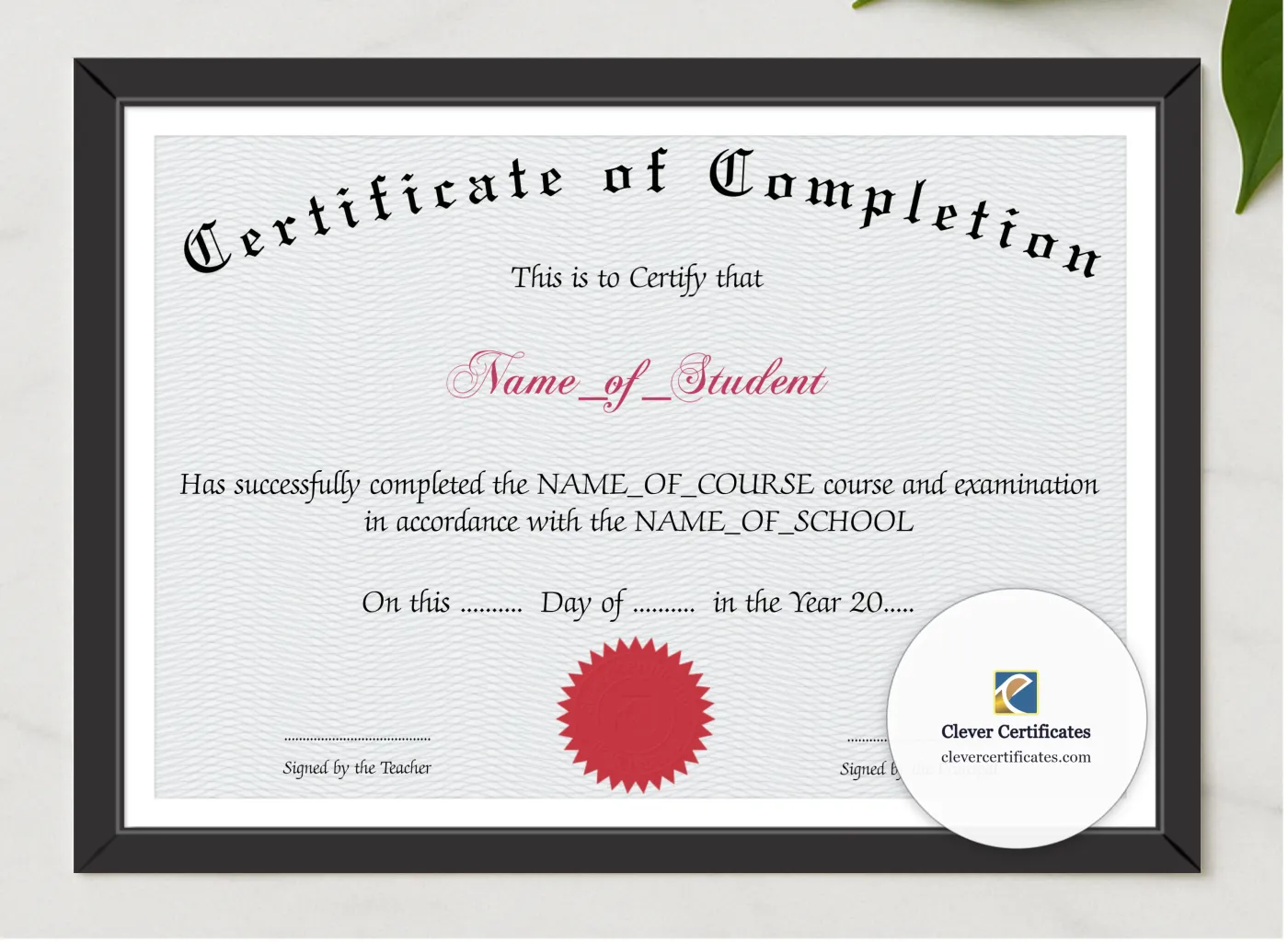 Certificate Of Completion 3 presented in a sleek wooden frame, elegantly arranged on a stylish table.