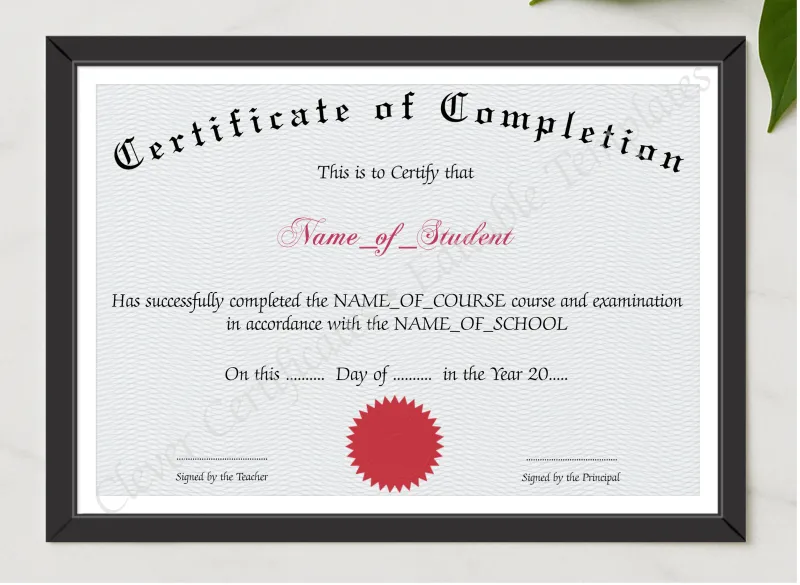 Certificate Of Completion 3 presented in a sleek wooden frame, elegantly arranged on a stylish table.
