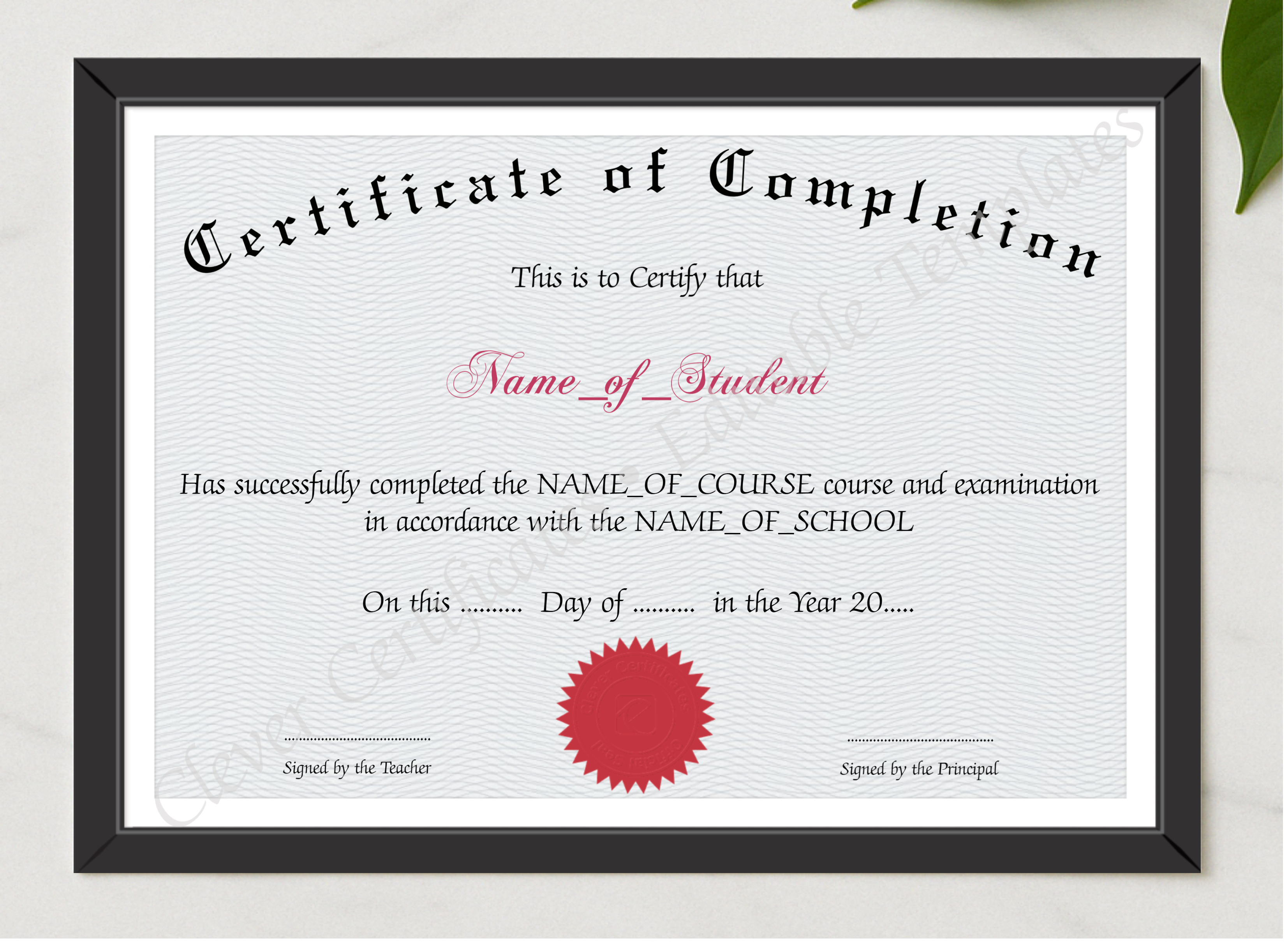 Certificate Of Completion 3 presented in a sleek wooden frame, elegantly arranged on a stylish table.