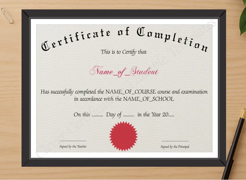 Professional preview of Certificate Of Completion 3 certificate on high-quality stationery paper, ideal for showcasing the final look.
