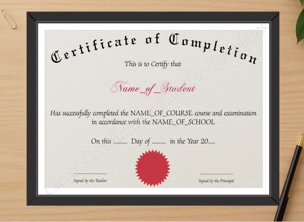 Professional preview of Certificate Of Completion 3 certificate on high-quality stationery paper, ideal for showcasing the final look.