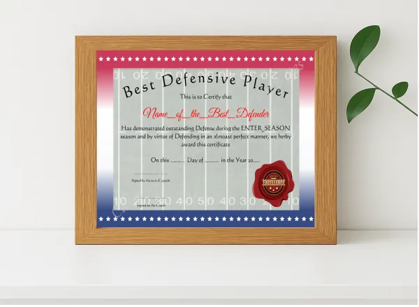 Realistic mockup featuring Best Defensive Player displayed within a modern frame, set against a minimalistic background.