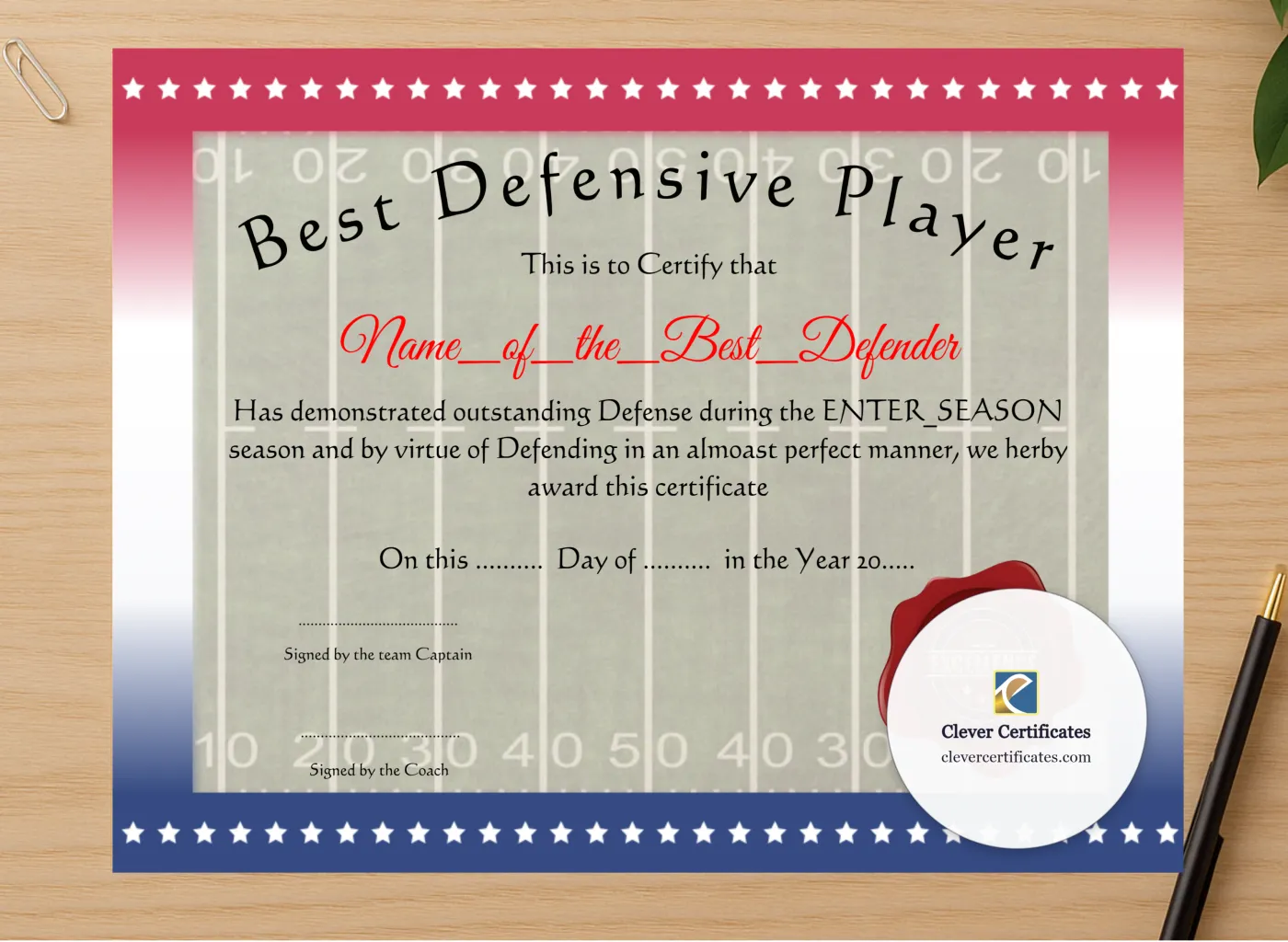 Professional preview of Best Defensive Player certificate on high-quality stationery paper, ideal for showcasing the final look.