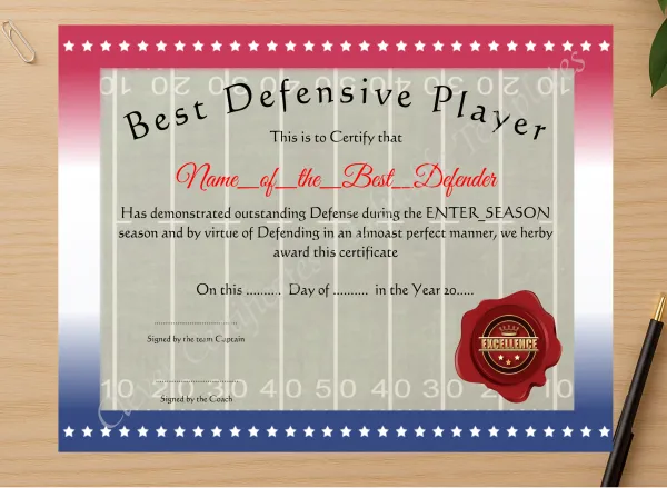 Professional preview of Best Defensive Player certificate on high-quality stationery paper, ideal for showcasing the final look.