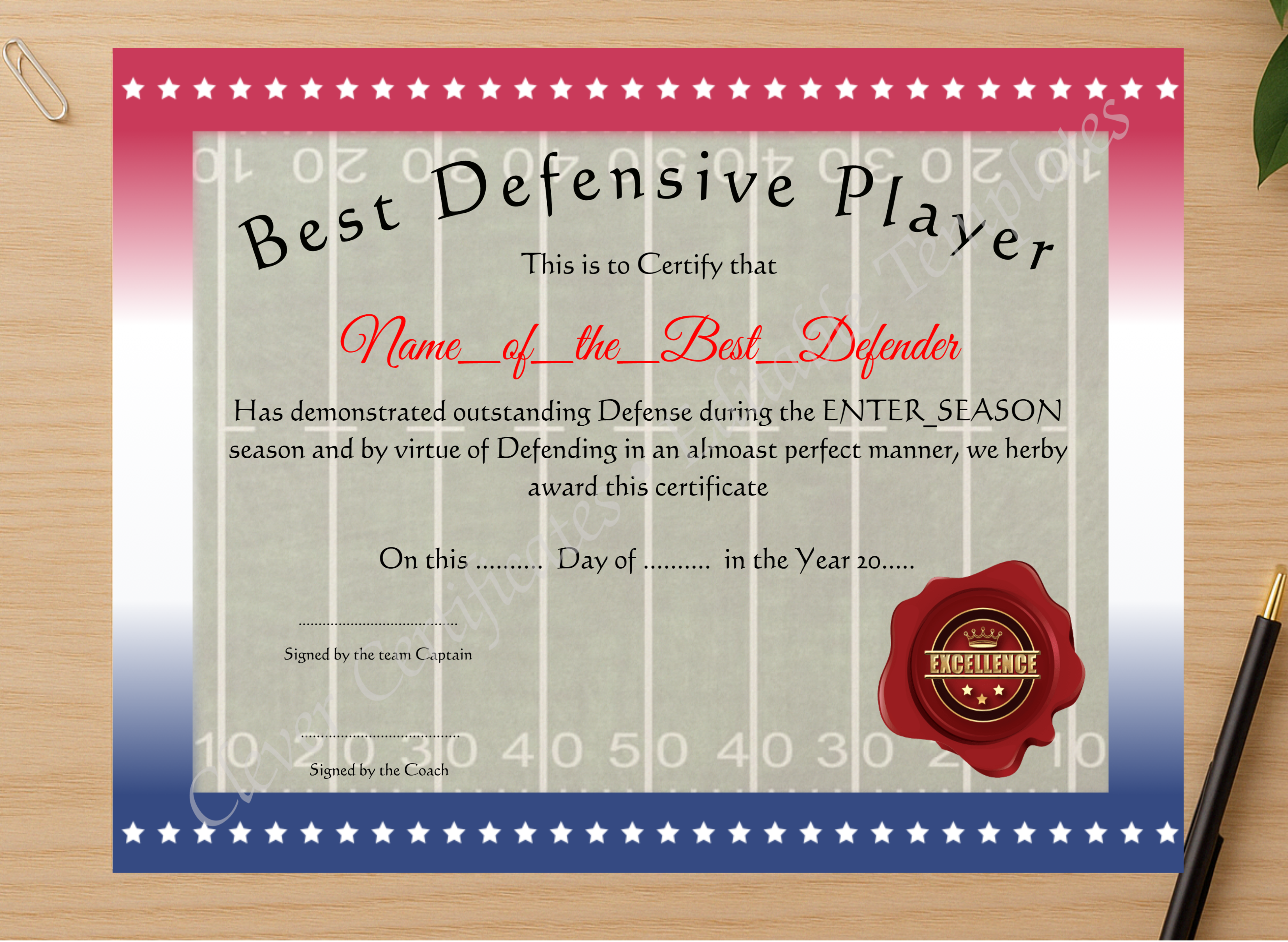 Professional preview of Best Defensive Player certificate on high-quality stationery paper, ideal for showcasing the final look.