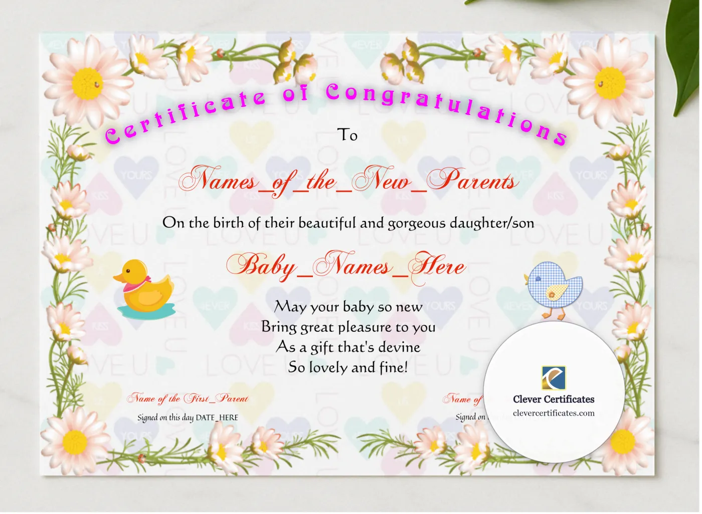 Brand New Baby presented in a sleek wooden frame, elegantly arranged on a stylish table.