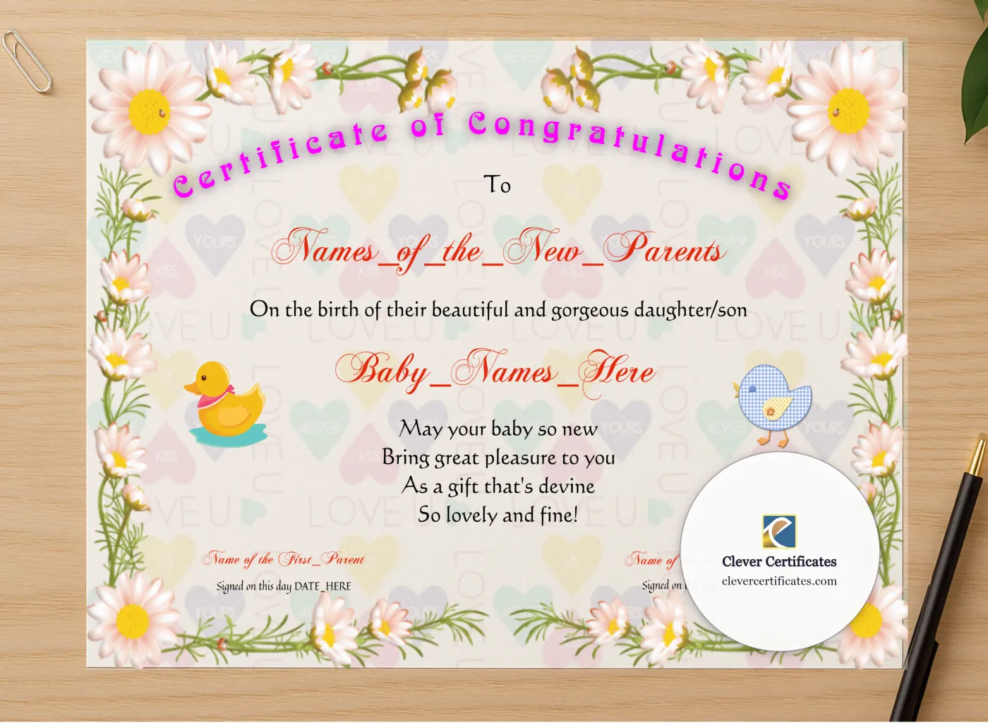 Professional preview of Brand New Baby certificate on high-quality stationery paper, ideal for showcasing the final look.