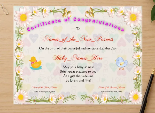 Professional preview of Brand New Baby certificate on high-quality stationery paper, ideal for showcasing the final look.