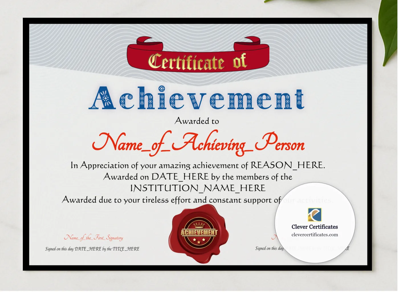 Achievement Award Banner presented in a sleek wooden frame, elegantly arranged on a stylish table.
