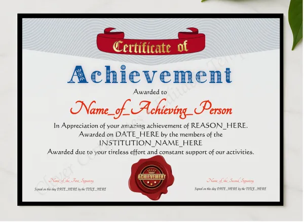 Achievement Award Banner presented in a sleek wooden frame, elegantly arranged on a stylish table.