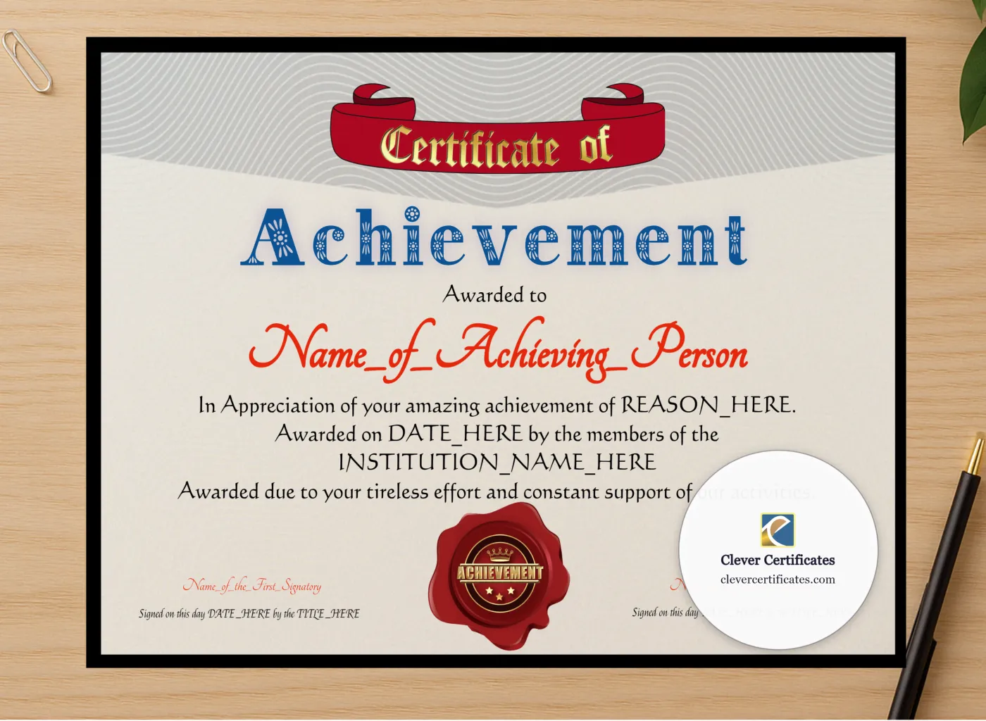 Professional preview of Achievement Award Banner certificate on high-quality stationery paper, ideal for showcasing the final look.