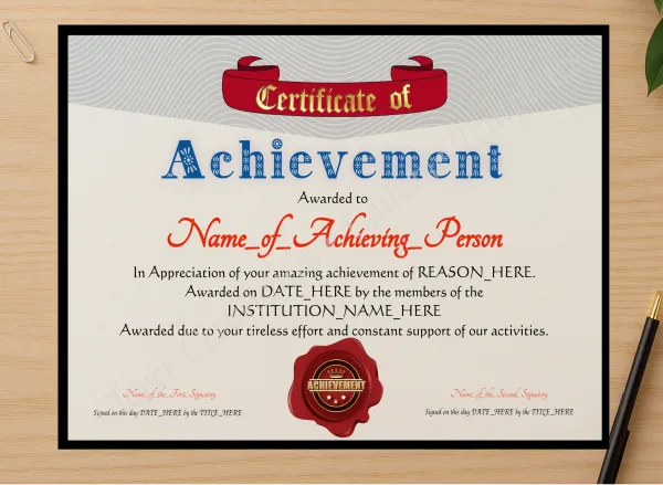 Professional preview of Achievement Award Banner certificate on high-quality stationery paper, ideal for showcasing the final look.