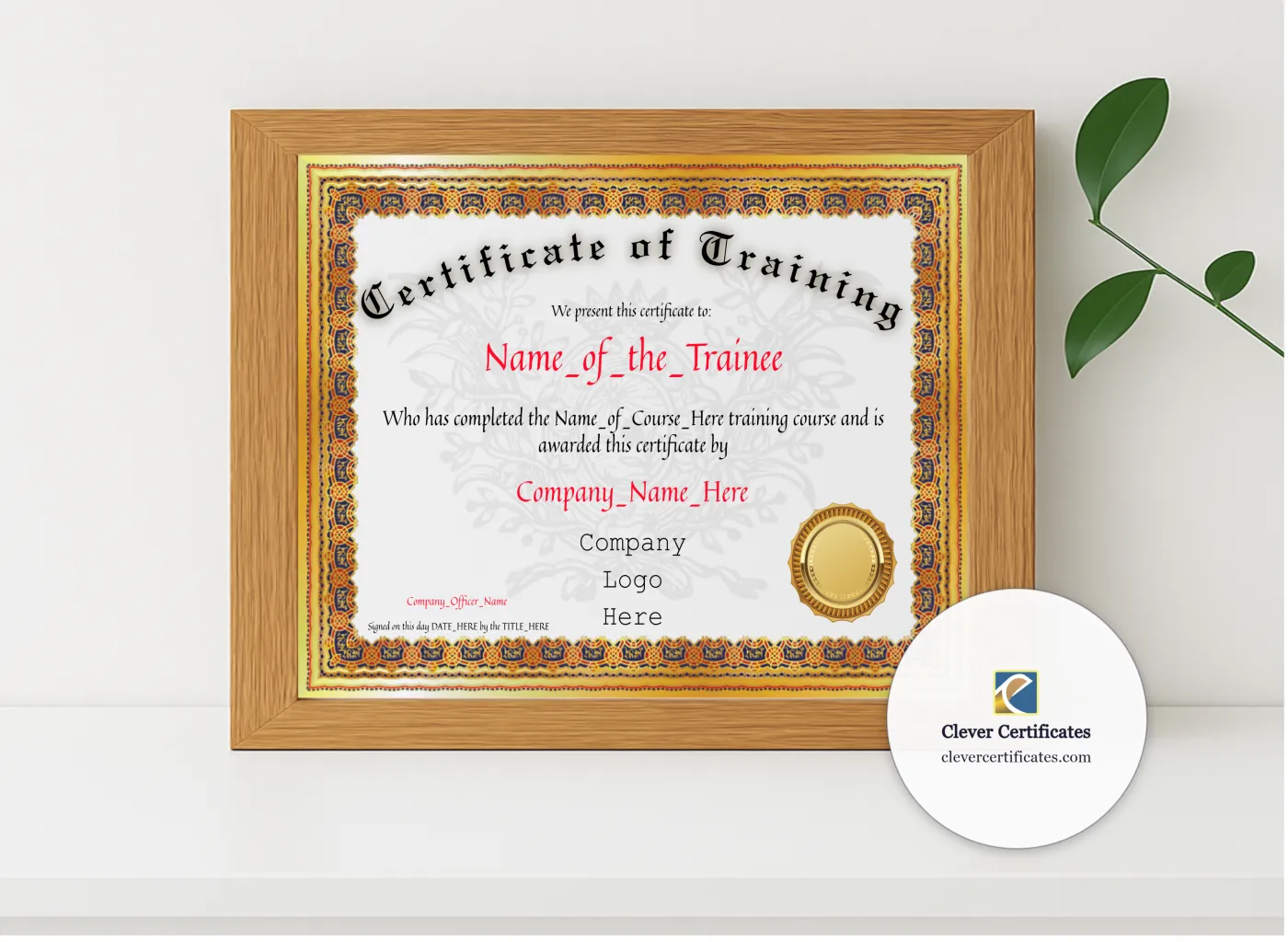 Realistic mockup featuring Certificate Of Training displayed within a modern frame, set against a minimalistic background.