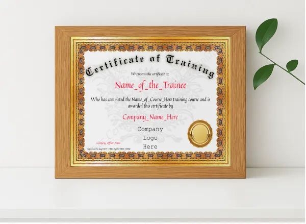 Realistic mockup featuring Certificate Of Training displayed within a modern frame, set against a minimalistic background.