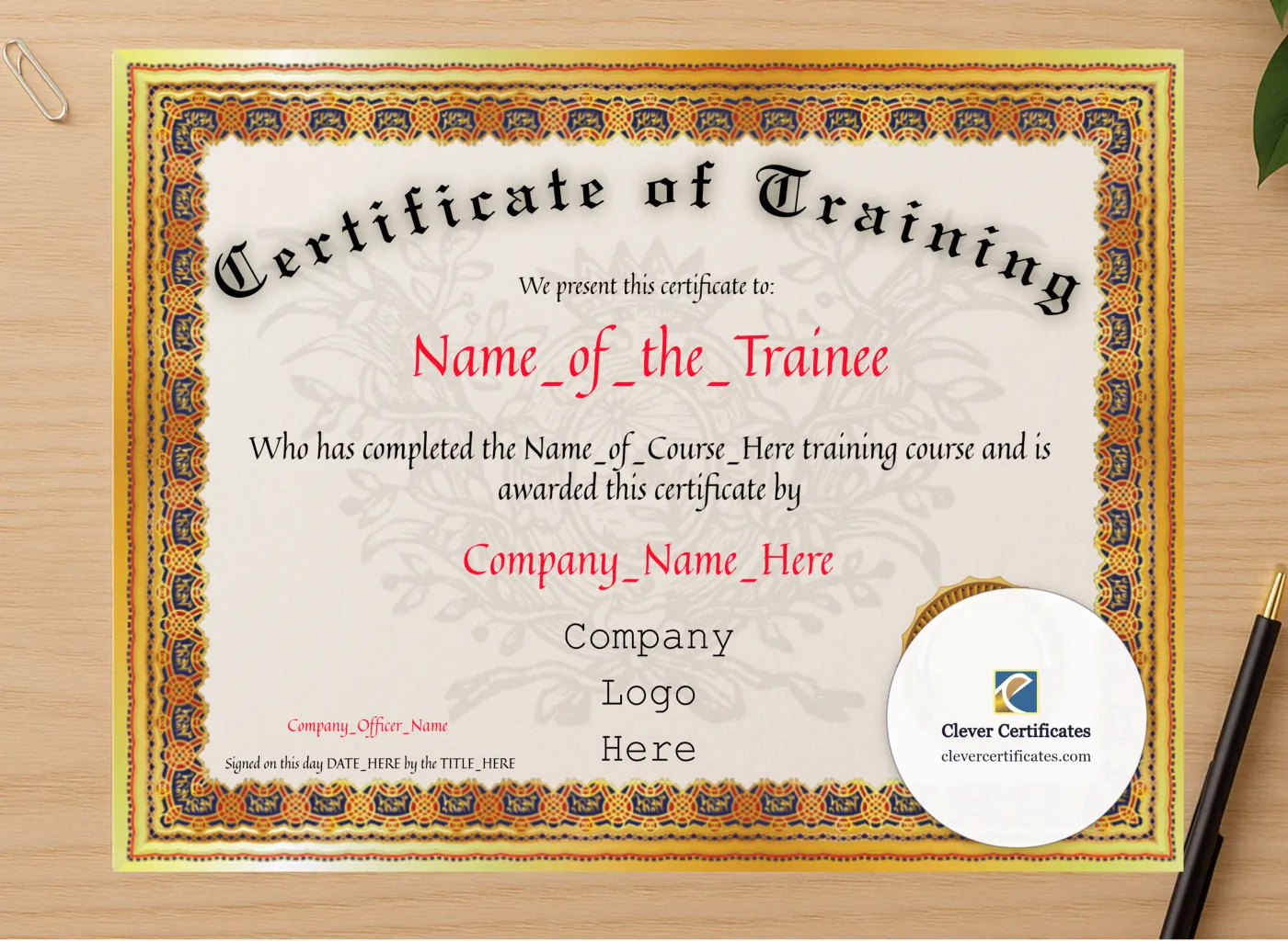 Professional preview of Certificate Of Training certificate on high-quality stationery paper, ideal for showcasing the final look.