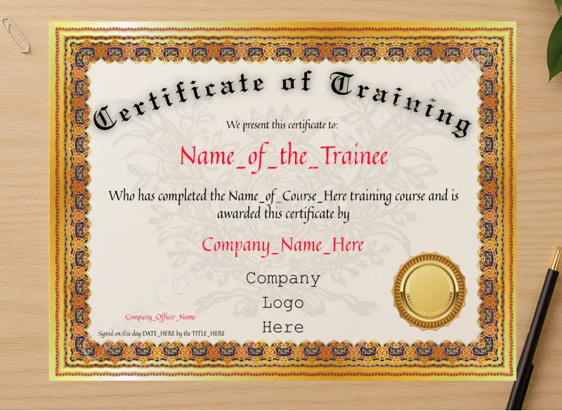 Professional preview of Certificate Of Training certificate on high-quality stationery paper, ideal for showcasing the final look.