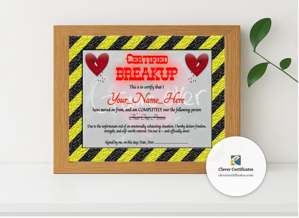 Realistic mockup featuring Breakup Certificate displayed within a modern frame, set against a minimalistic background.