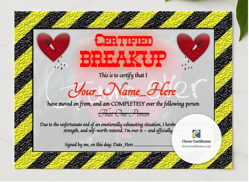 Breakup Certificate presented in a sleek wooden frame, elegantly arranged on a stylish table.