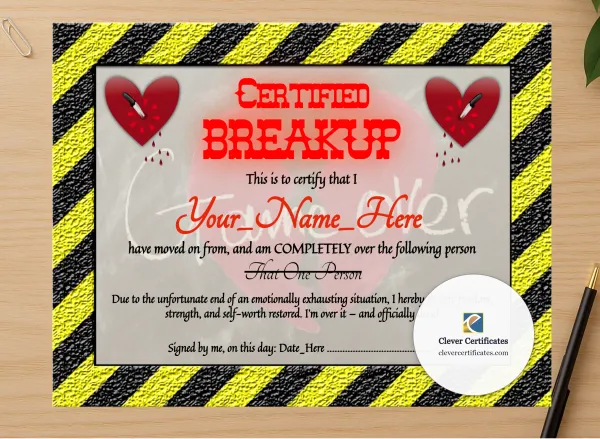 Professional preview of Breakup Certificate certificate on high-quality stationery paper, ideal for showcasing the final look.