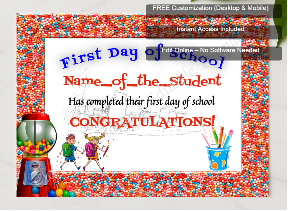 Framed preview featuring Free Editor badge stack for First Day Of School