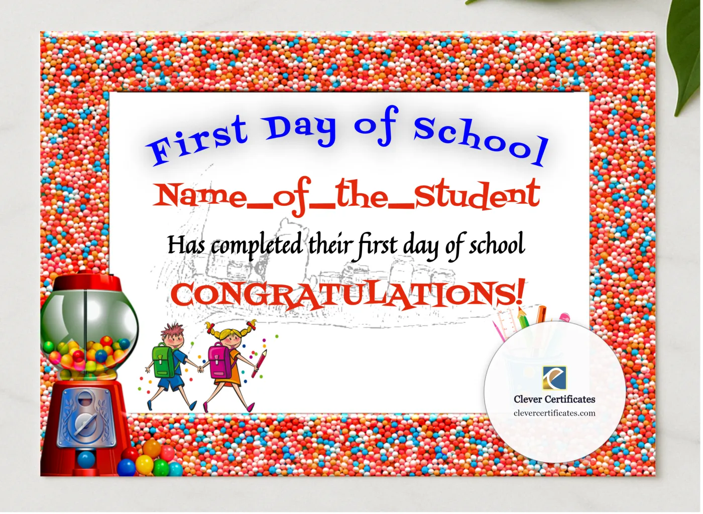 First Day Of School presented in a sleek wooden frame, elegantly arranged on a stylish table.