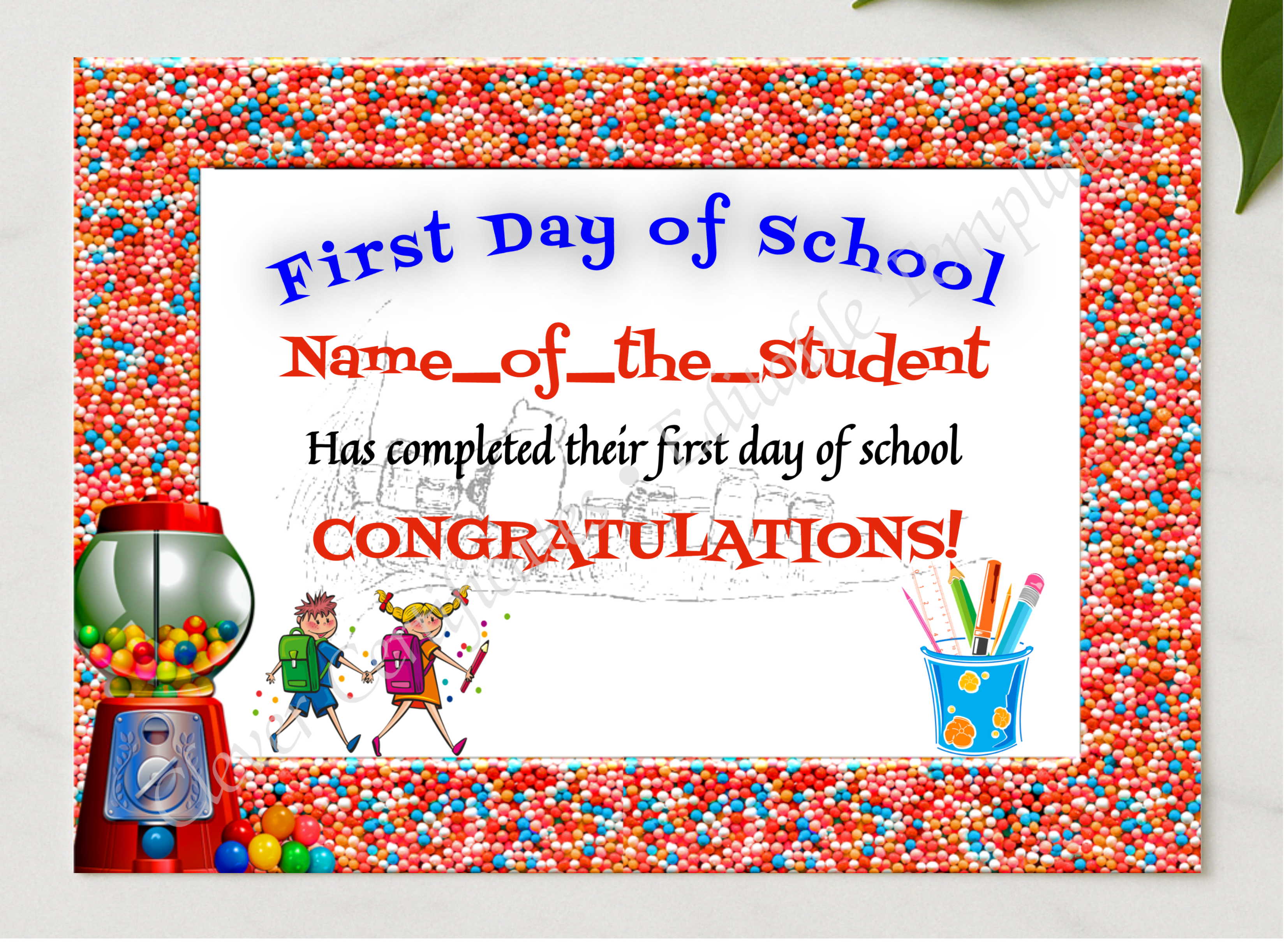 First Day Of School presented in a sleek wooden frame, elegantly arranged on a stylish table.